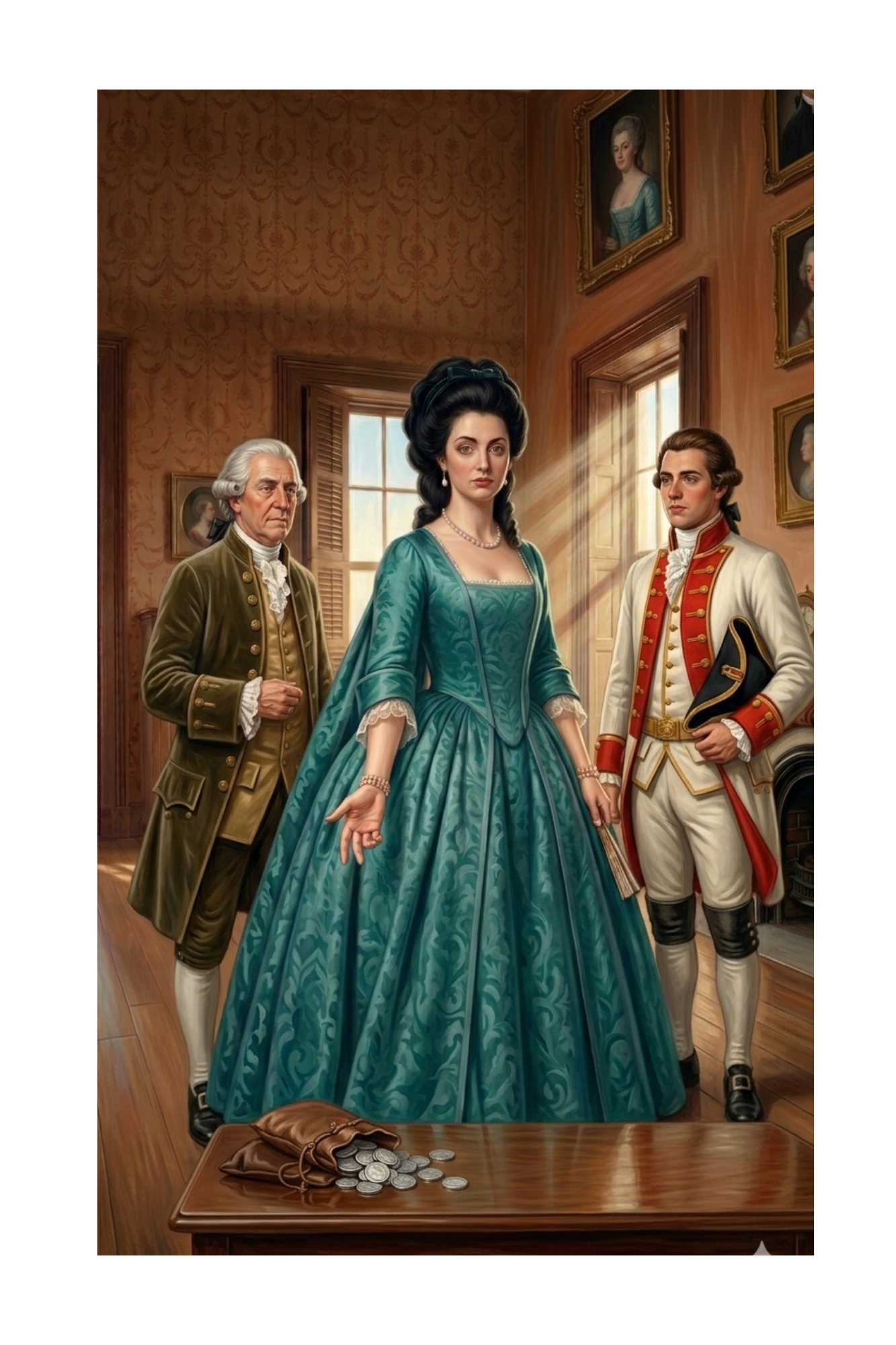 Felicitas stands in the Governor's mansion flanked by two men in 18th-century dress, coins spilled on the table before her
